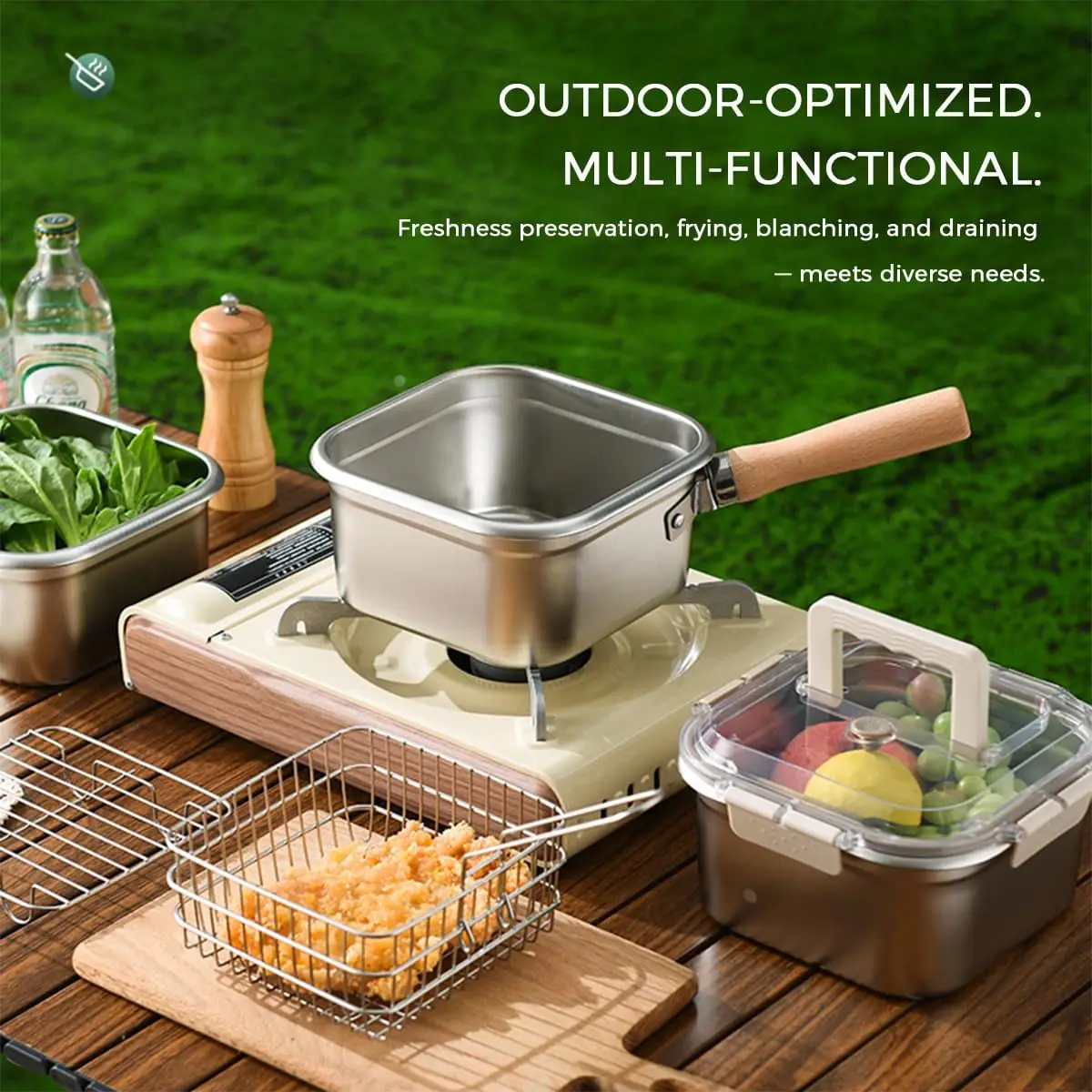 5pcs Multifunctional Fry Pan with Lid Oil Drain Rack for Frying Fries Chicken Wings Shrimp Compatible with Gas,Induction Stove
