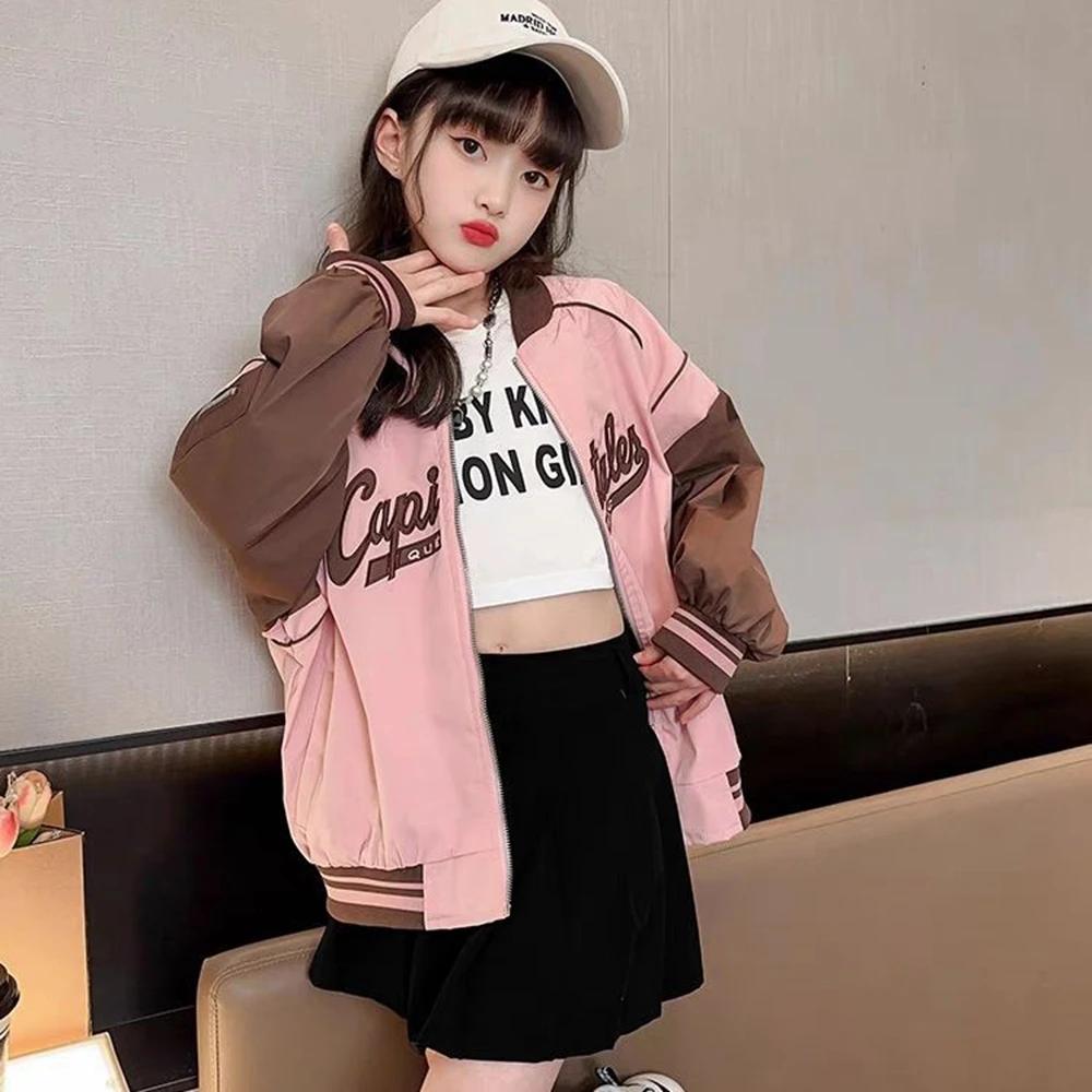 New Spring Autumn Jacket for Girls Black Sport Coat Kids Fashion Baseball Uniform Outerwear Bomber Jacket 4 5 6 8 10 11 12 14Y