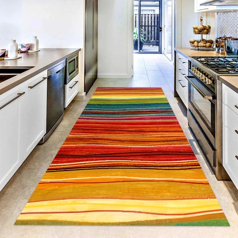VIKAMA Boho Sunset Stripe Kitchen Runner Mat, Non-Slip Washable Floor Rug, Colorful Spice Decor Mat for Kitchen