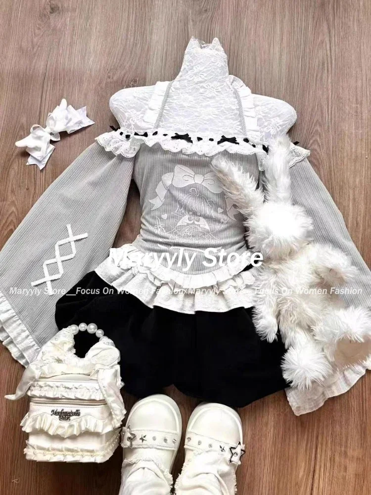 Autumn Elegant Sweet Outfits 2 Piece Set Women Cute Bow Print Off Shoulder Tops + Y2k Higt Waist Shorts Japanese Fashion Set New