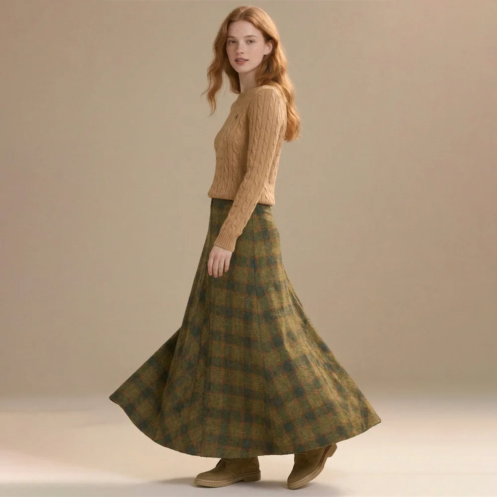 2025 Autumn/Winter New Design Plaid Wool Midriff Dress Casual A-Line Long Dress for Women