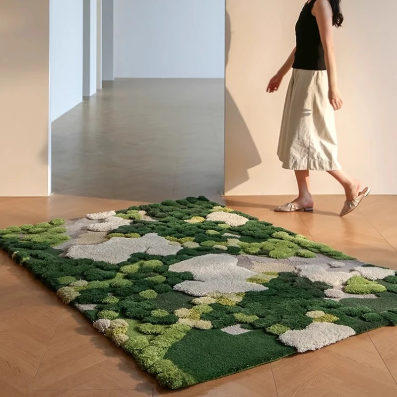 

Handmade wool forest moss green carpet living room large carpet fiber art high value bedside blanket