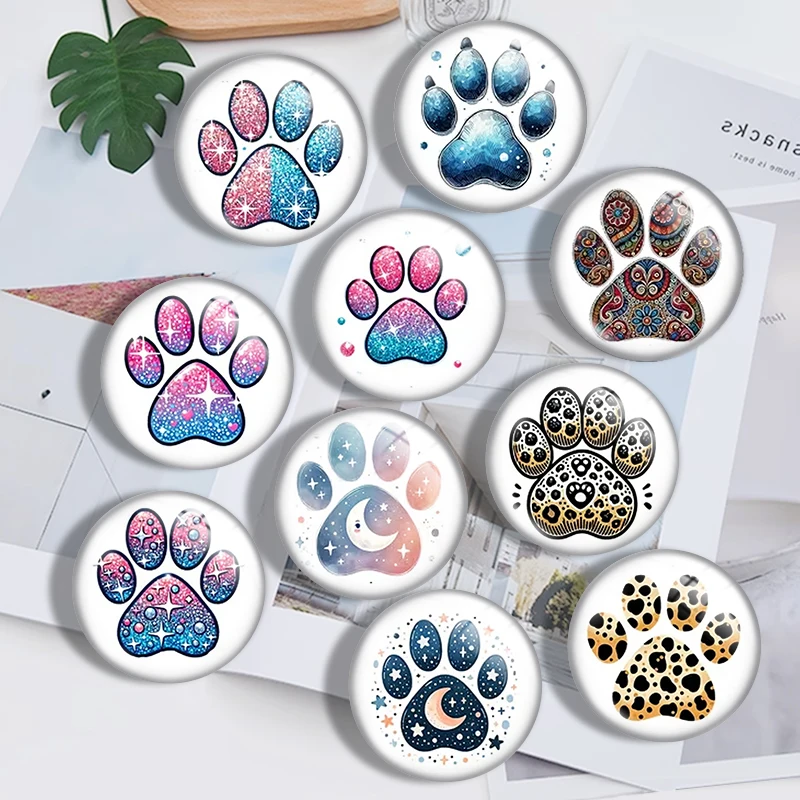 Flash animal paw prints  10pcs 12mm14mm/16mm/18mm/20mm/25mm Round Photo Glass Cabochon Demo Flat Back Making Findings Jewelry