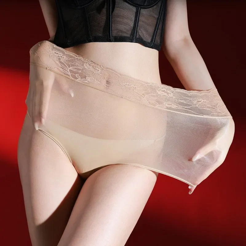 Unisex Lace Waist Glossy Sheer Briefs High Waist Silky See Through Underwear Women Crotchless Lingerie Men Sissy Pouch Panties