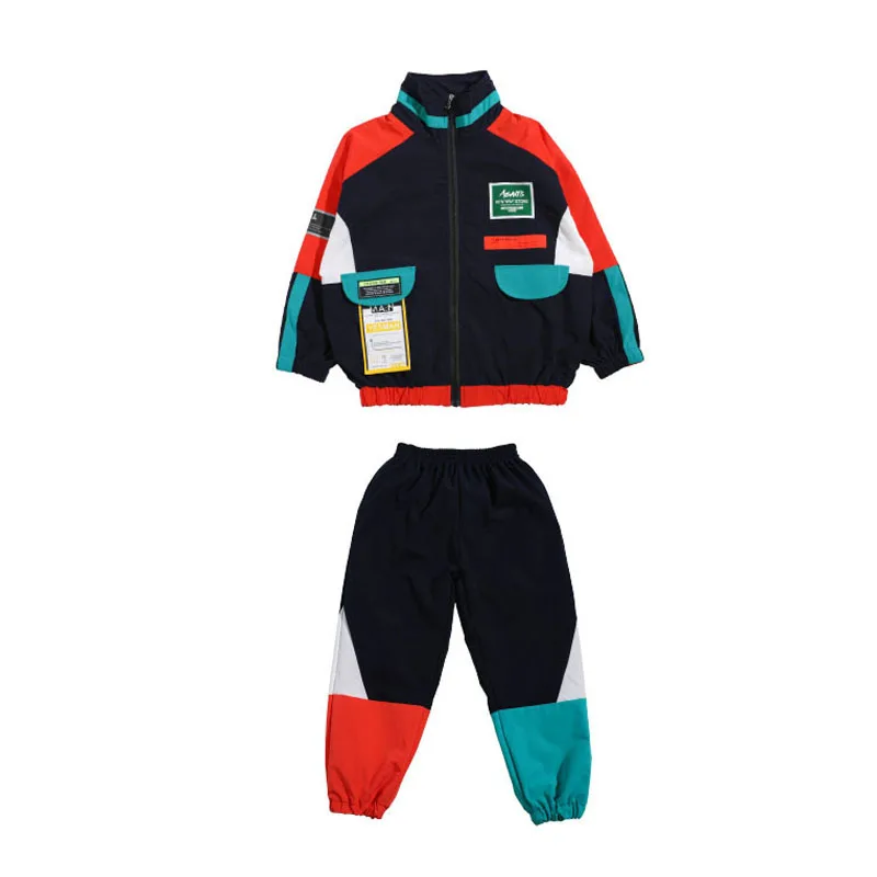 Kid Kpop Hip Hop Clothing Color Block Zip up Windbreaker Jacket Casual Jogger Pants for Girl Boy Jazz Dance Costume Clothes Set