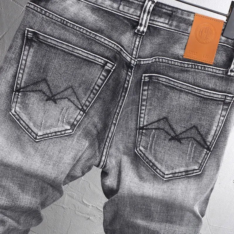 Fashion Vintage Men Jeans High Quality Retro Dark Gray Stretch Slim Fit Ripped Jeans Men Trendy Designer Denim Pants Hombre