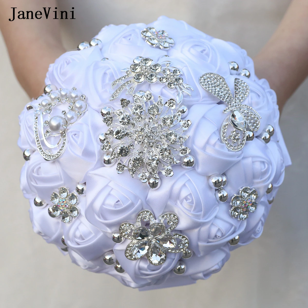 

JaneVini 2025 Bling Silver Crystal Bridal Bouquets Artificial Satin Roses Flowers Korean Elegant Wedding Bouquet for Bridesmaid