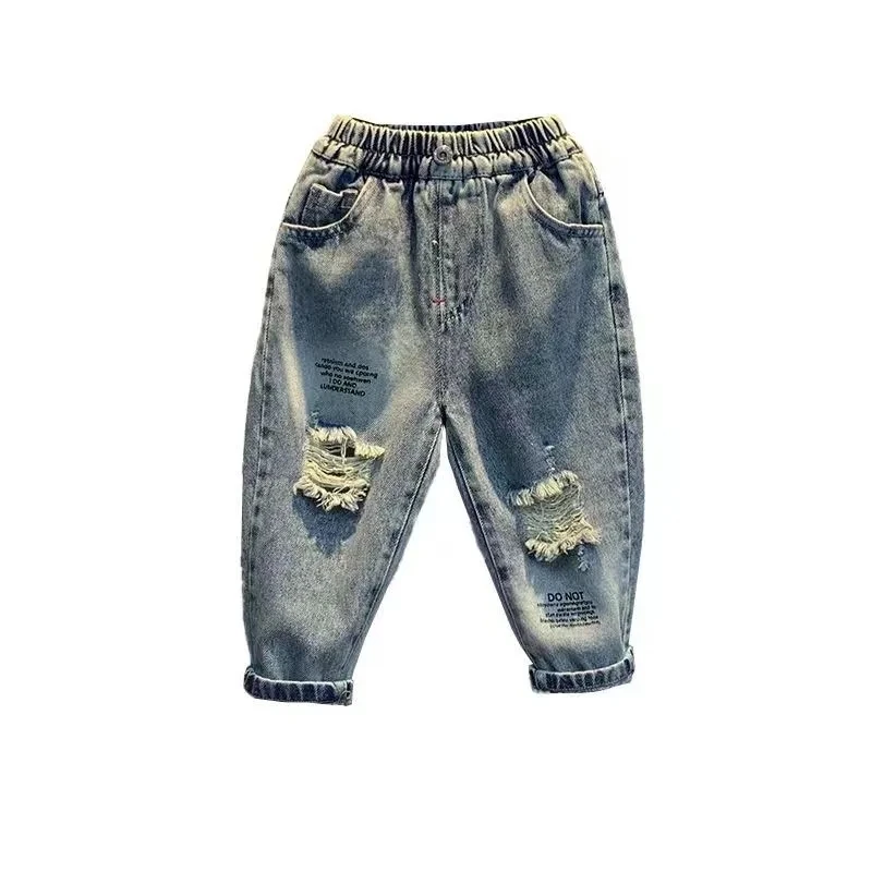 1-11 Years Boys Hole Jeans Kids Loose Elastic Waist Denim Pants for Boys Letter Harem Trousers Toddler Baby Pant 4 5 6 7 8 9 10