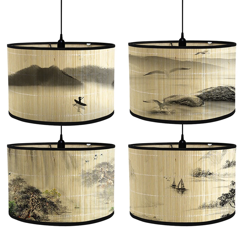 Retro Style Bamboo Lampshade Landscape Painting Abstract Light Cover Chandelier Room Hotel Homestay Decor Art Light Shade Crafts