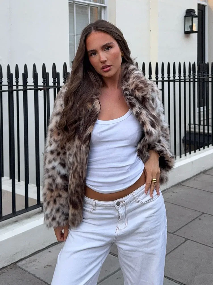 HH Cappotto caldo allentato in pelliccia sintetica con stampa leopardata moda donna Risvolto femminile maniche lunghe Tasche laterali Cappotto invernale sottile casual Mujer