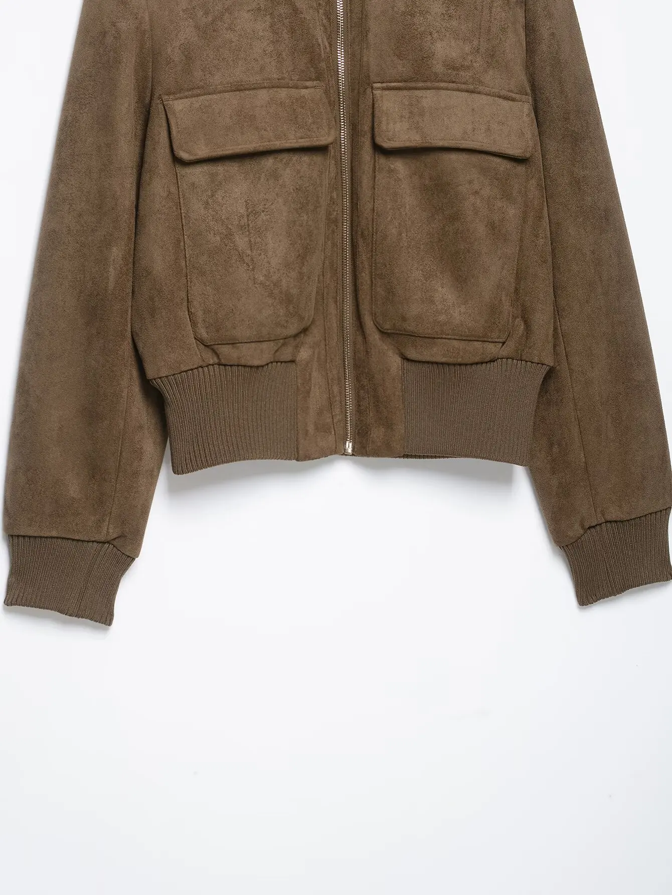 TFMLN Damen Kunstwildlederjacke, einfarbig, schmale Passform, hoher Kragen, lange Ärmel, Reißverschlusstaschen, elastischer Saum, Mantel, Herbstjacken 2026, neu – Detail 7