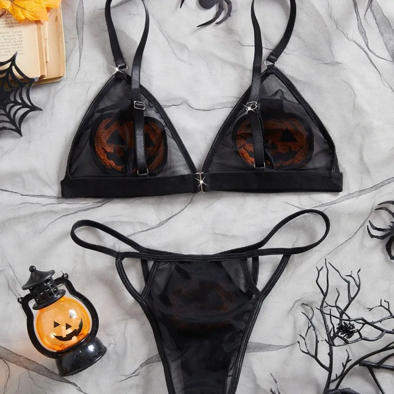 Toucheart 2PCS Halloween Sexy Pumpkin Demon Underwear Set Lace See-through Slim Plunge Backless Interesting Mesh Underwear Set