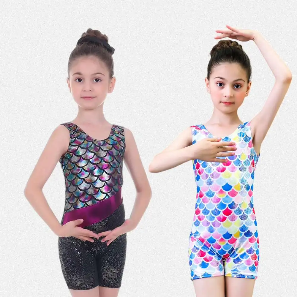 Gymnastik-Trikot für Mädchen mit Fischschuppen-Aufdruck, professioneller Übungsanzug, ärmellos, Ballett-Tanzbekleidung, Body, Performance-Kostüm