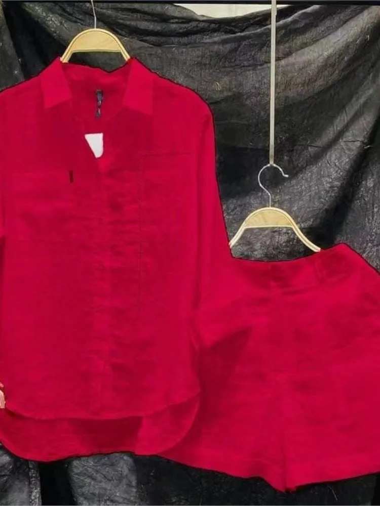 موضة جديدة قميص أبيض طويل الأكمام والسراويل قطعتين مجموعات امرأة ربيع الخريف القطن الكتان عادية المنزل 2 قطعة مجموعة للنساء