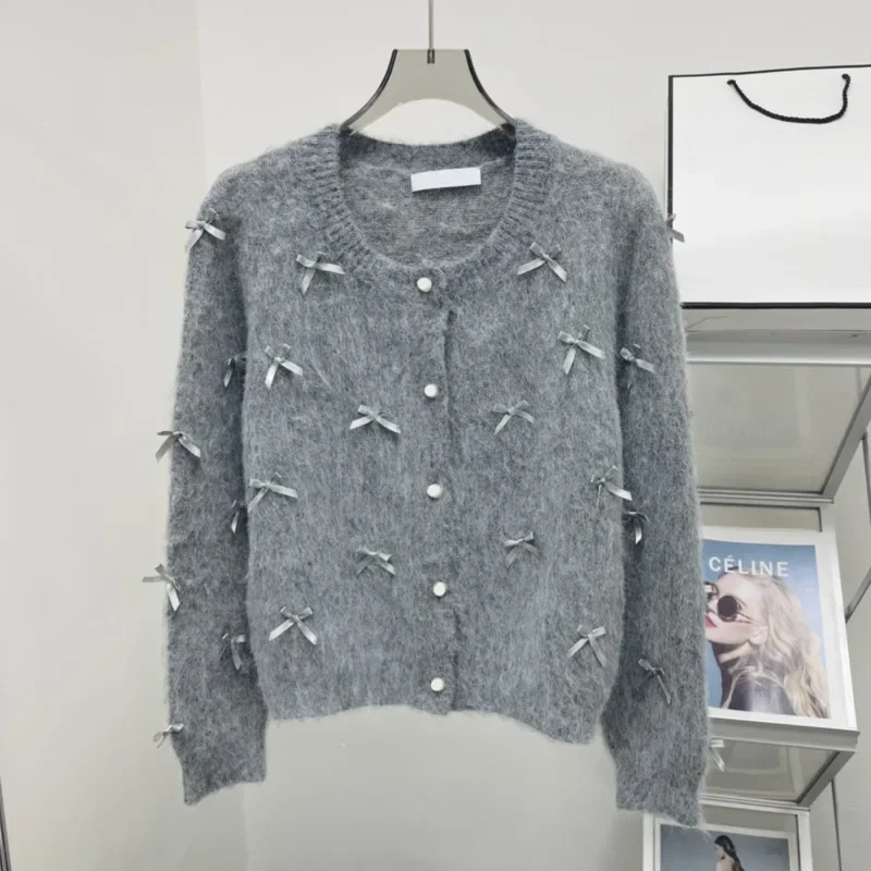 

Kawaii Bow Knitted Cardigan Women Long Sleeve Grey Sweater Korean Casual Cardigan For Women Harajuku Loose Coat