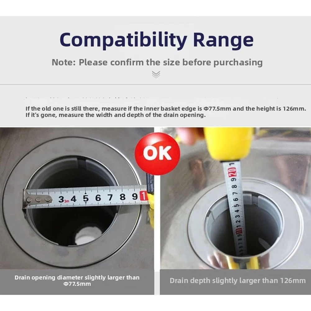 Stainless Steel Sink Strainer 126mm Height 77.5mm Top Diameter SUS304 Dense Mesh Basket for Home Kitchen Drainage