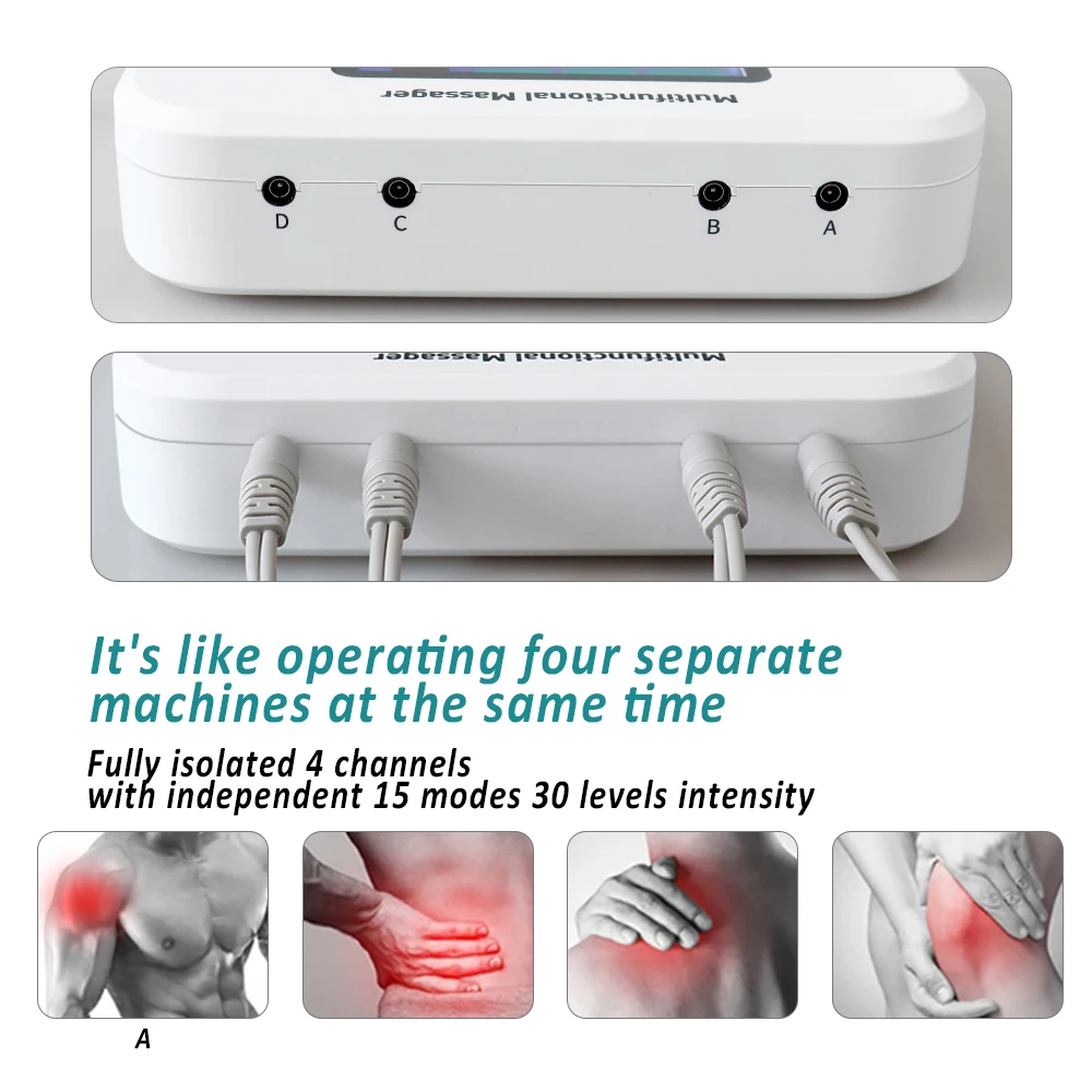 Image 4: Appareil Électrique Rechargeable 30 Niveaux, 4 Sorties TENS, Masseur Multifonctionnel EMS, Stimulateur Nerveux Vibrant, Relaxation, 8 Électrodes