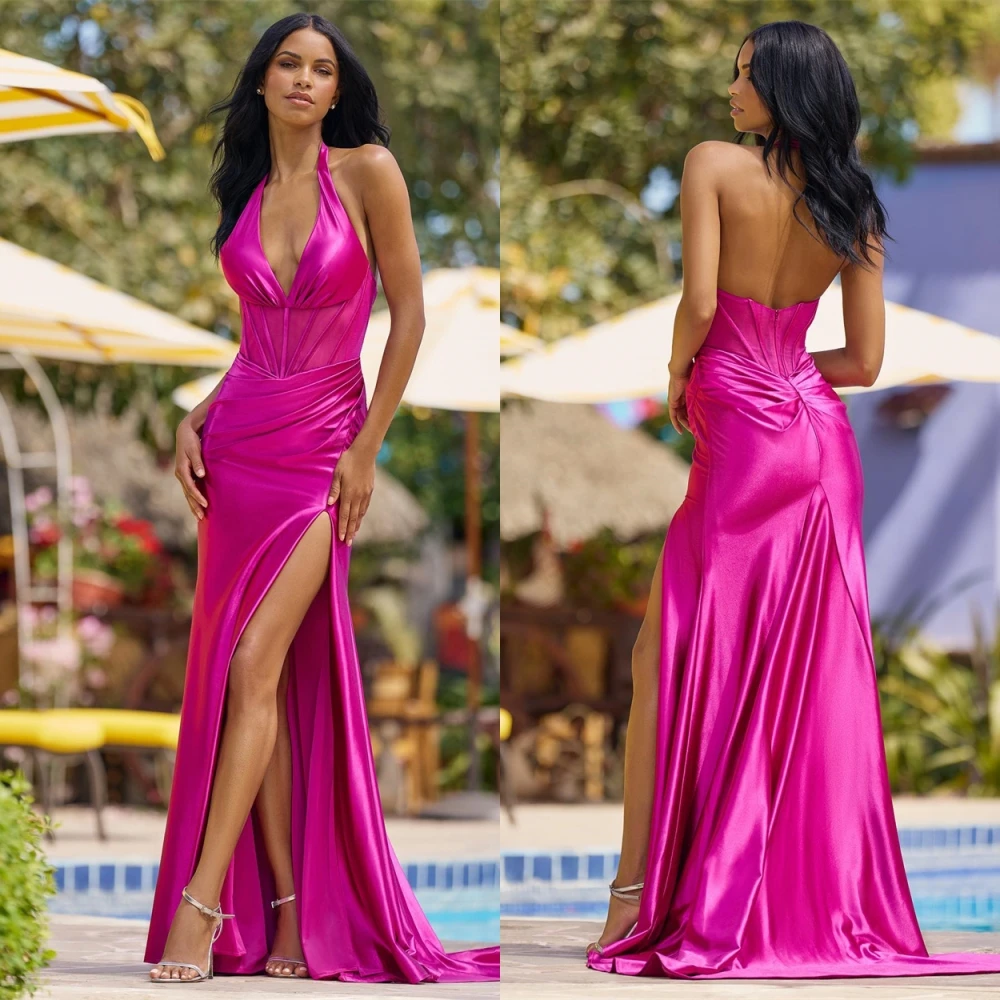 

Customized Exquisite Fuchsia Satin Evening Dress Mermaid Halter Sleeveless Celebrity Gowns Delicate Special Occasion