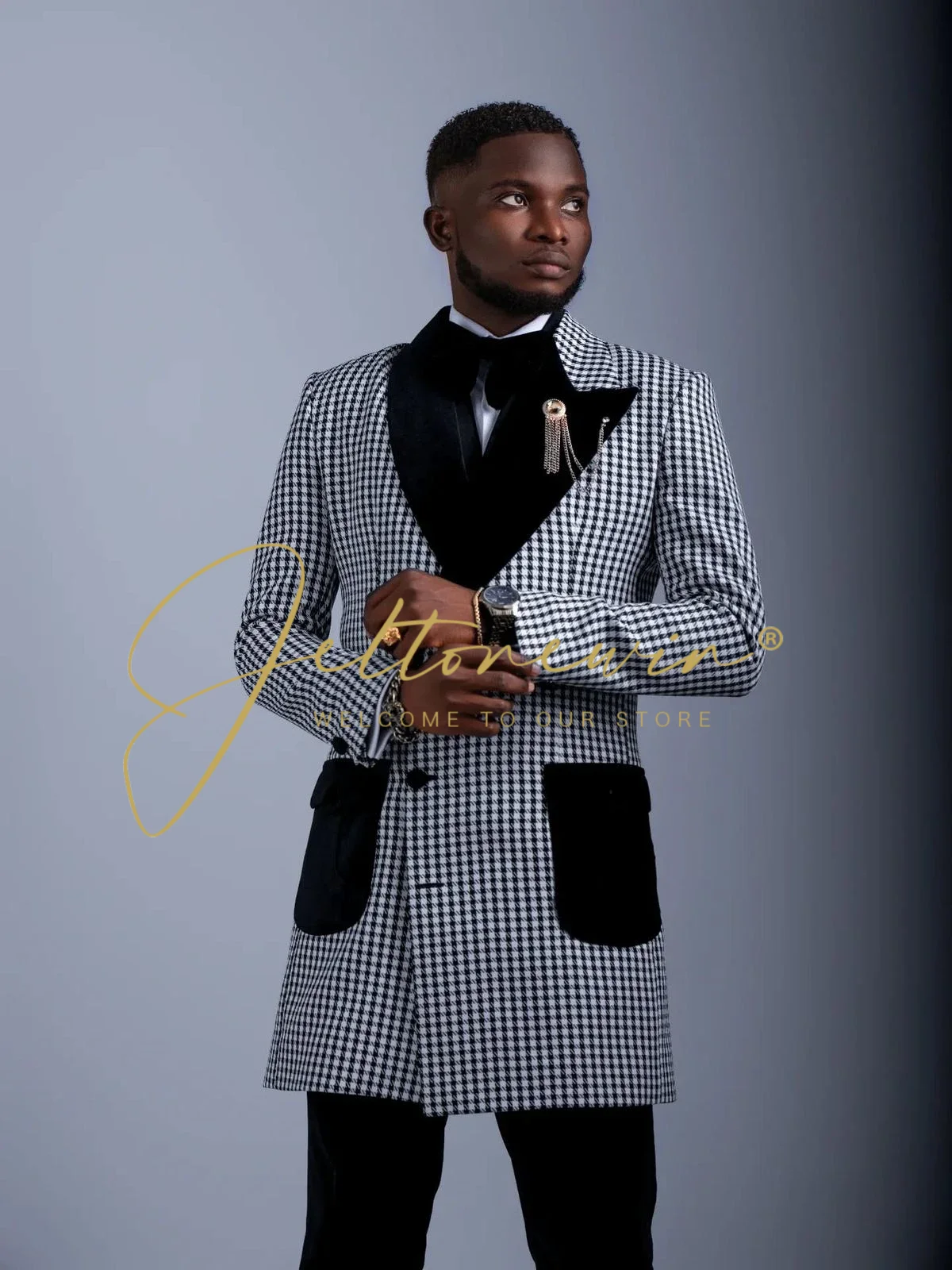 Latest Design Men's Suit Houndstooth Long Jacket Pants 2 Pieces Double Breasted Slim Fit Formal Wedding Tuxedos Evening Dress