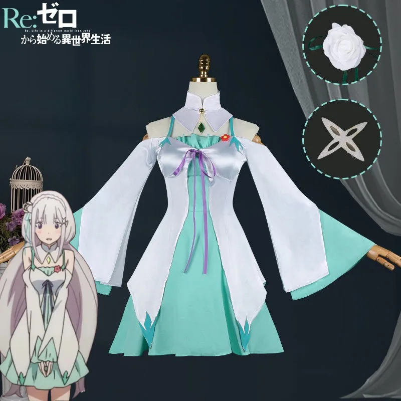 

Re Zero Emilia Cosplay Costume Emilia Green Daily Outfit Accessories Elf Ears Performance Halloween Role Play Uniform for Women