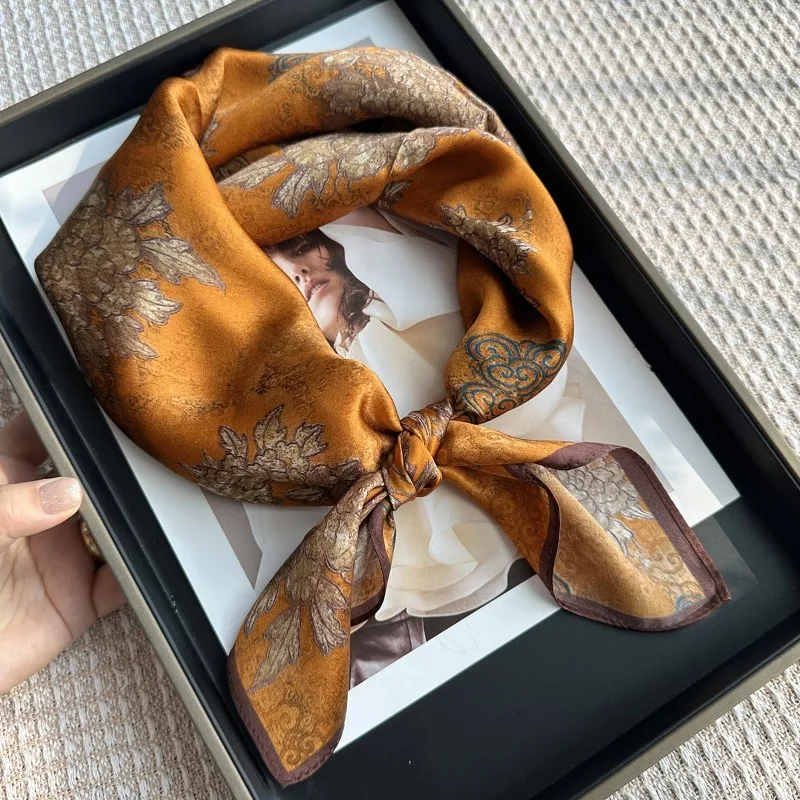 Luxury 100% MULBERRY SILK Square Scarf 70cm Vintage Oriental Peony Print Neck Wrap Headscarf Bag Decor Ladies Holiday Present