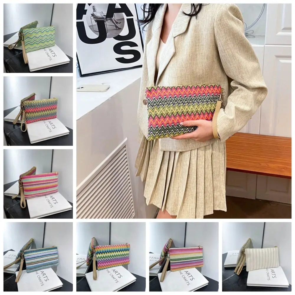 Rainbow Woven Hand Bag Straw Ladies Coin Purse Bag Female Clutch Bag Casual Ladies Beach Wrist Bag