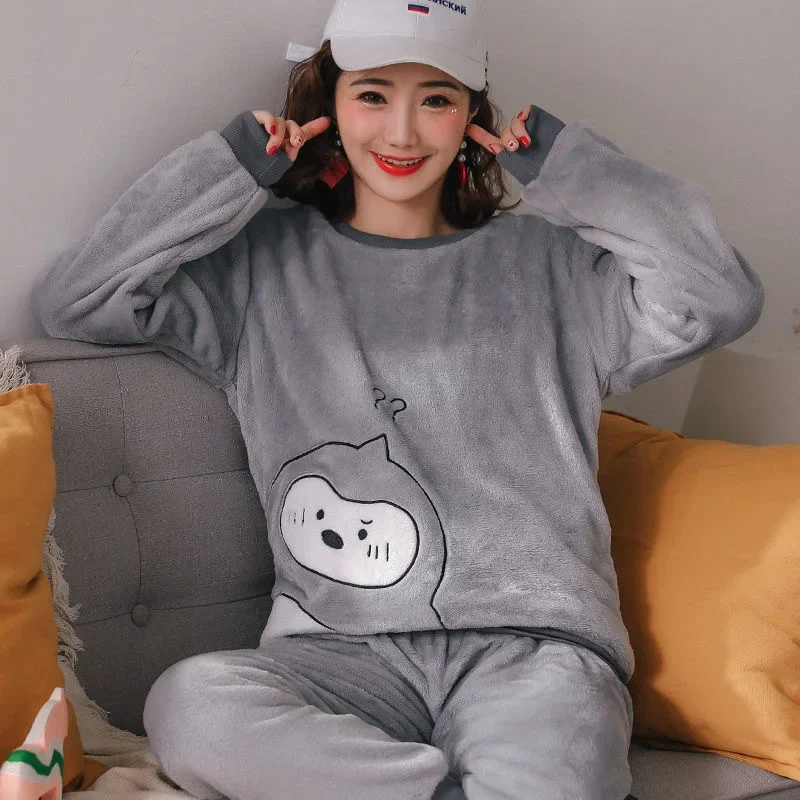 Thickened Warm Sleepwear Flannel Girl Nightwear Loungewear Fall and Winter Ladies Pajamas Long Sleeves Cartoon Bear Homewear