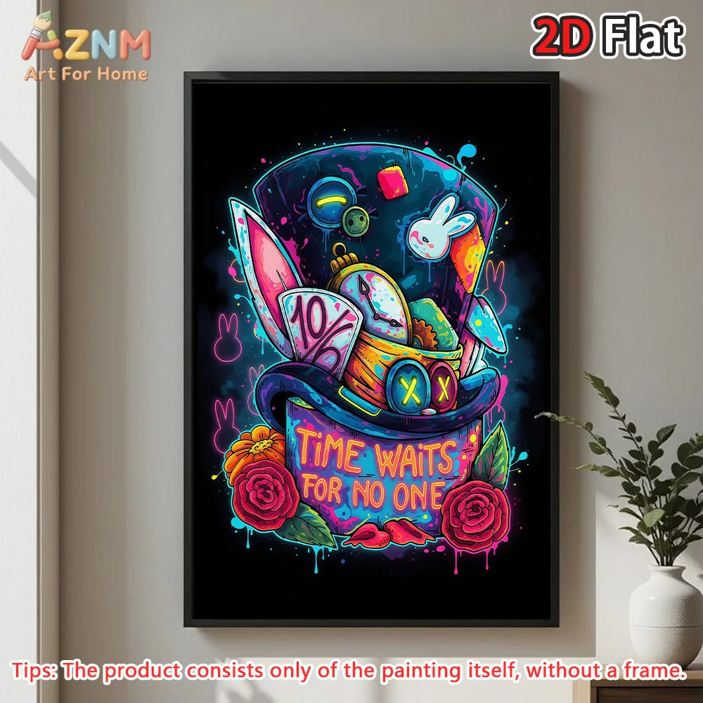 AZNM, Lienzo Decorativo sin Marco de Alicia en el País de las Maravillas, Sombrero del Locutor de Sombreros, Arte de Pared, el Tiempo No Espera a Nadie, Póster de Graffiti Neón, Impresión para Habitación Infantil