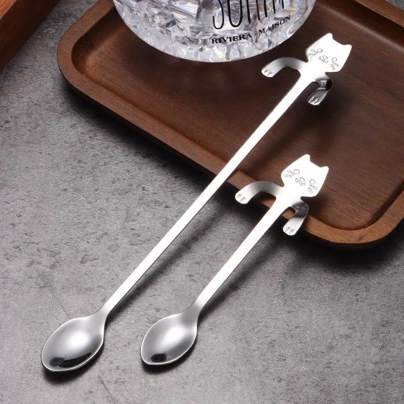 2/4PCS Set 304 Stainless Steel Cat Spoon Creative Cartoon Hanging Edge Spoon Cute Coffee Spoon Gold-plated Stirring Spoon