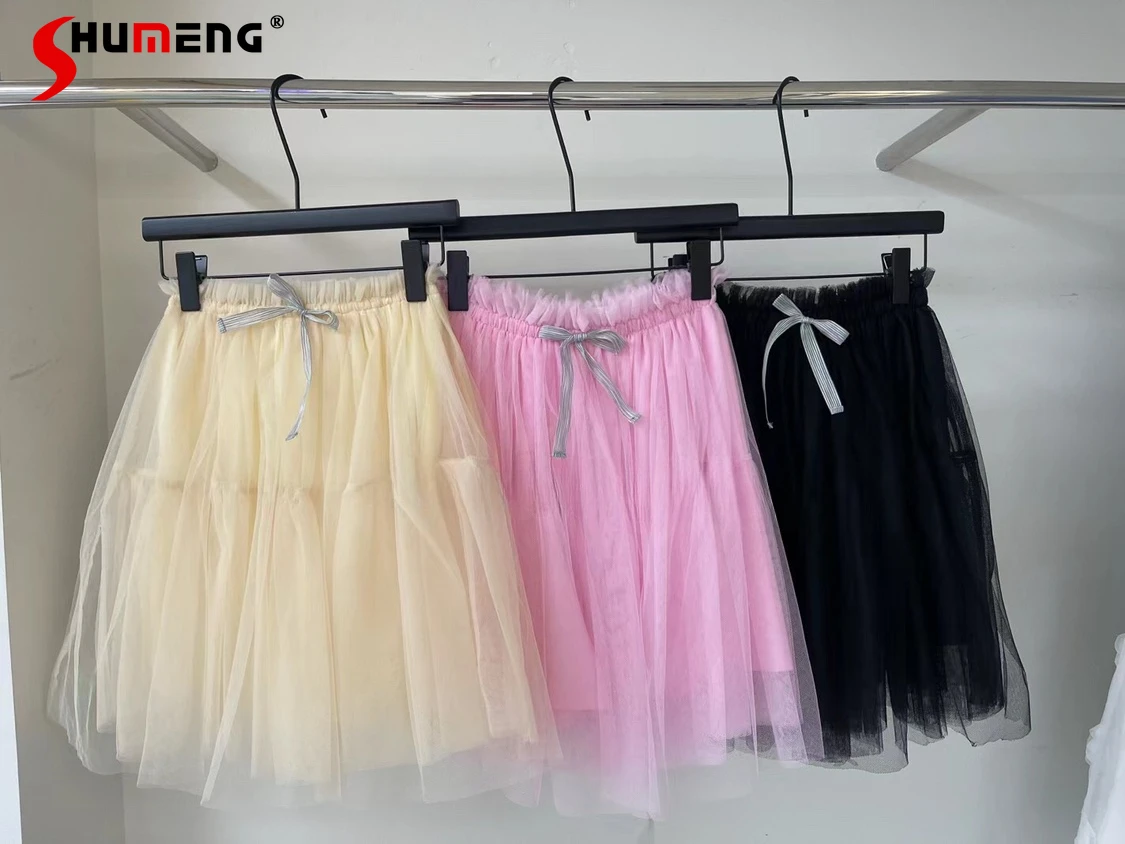 

Sweet Woman Bow Short Mesh Skirt 2024 Spring and Summer New Princess Pettiskirt Cute Pure Color Short Umbrella Skirts for Women