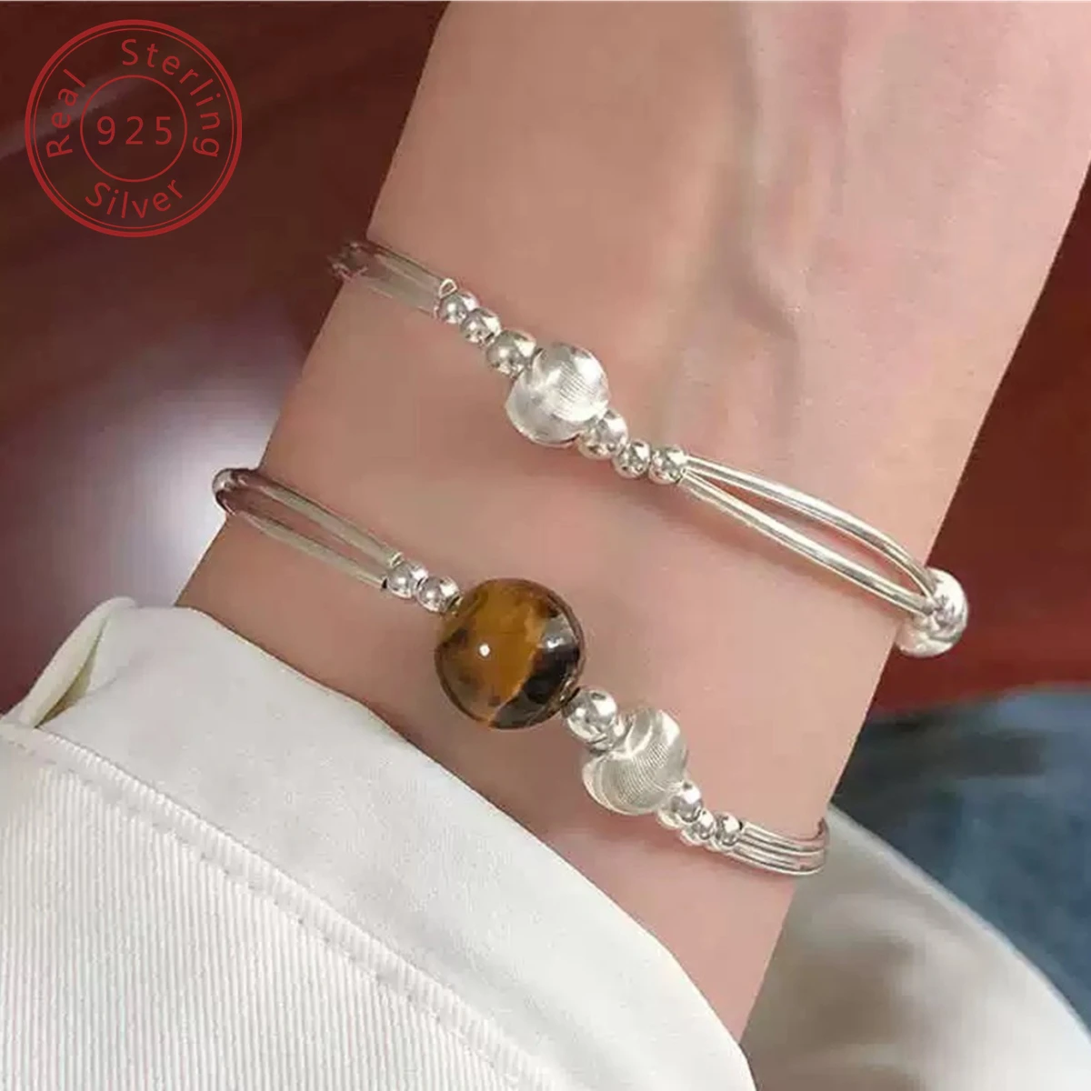 925 silver natural agate cat eye thread silver bead elastic bracelet, Korean style match, Available in three colors