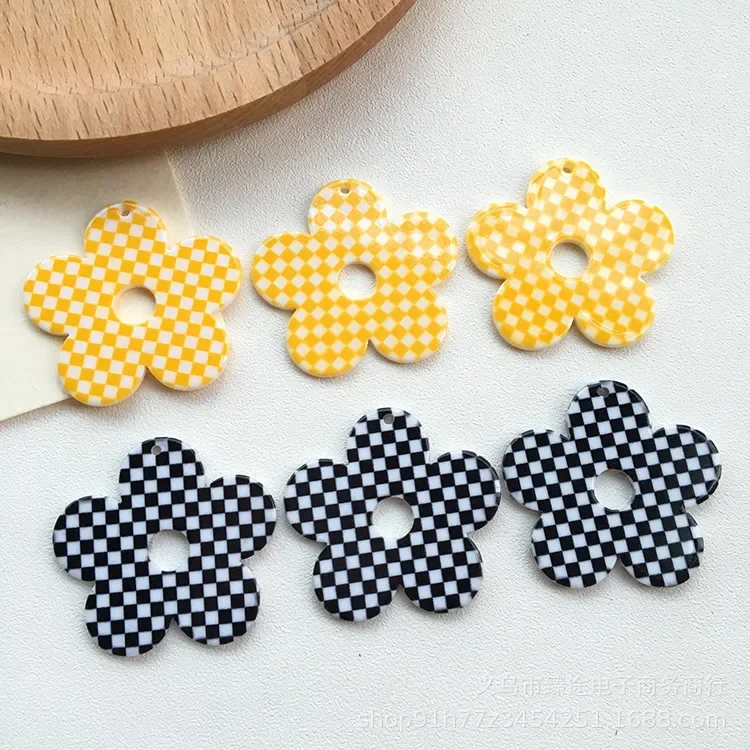 5pcs Japanese plaid printing five petals acrylic Earrings Material For DIY Jewelry Making Accessories