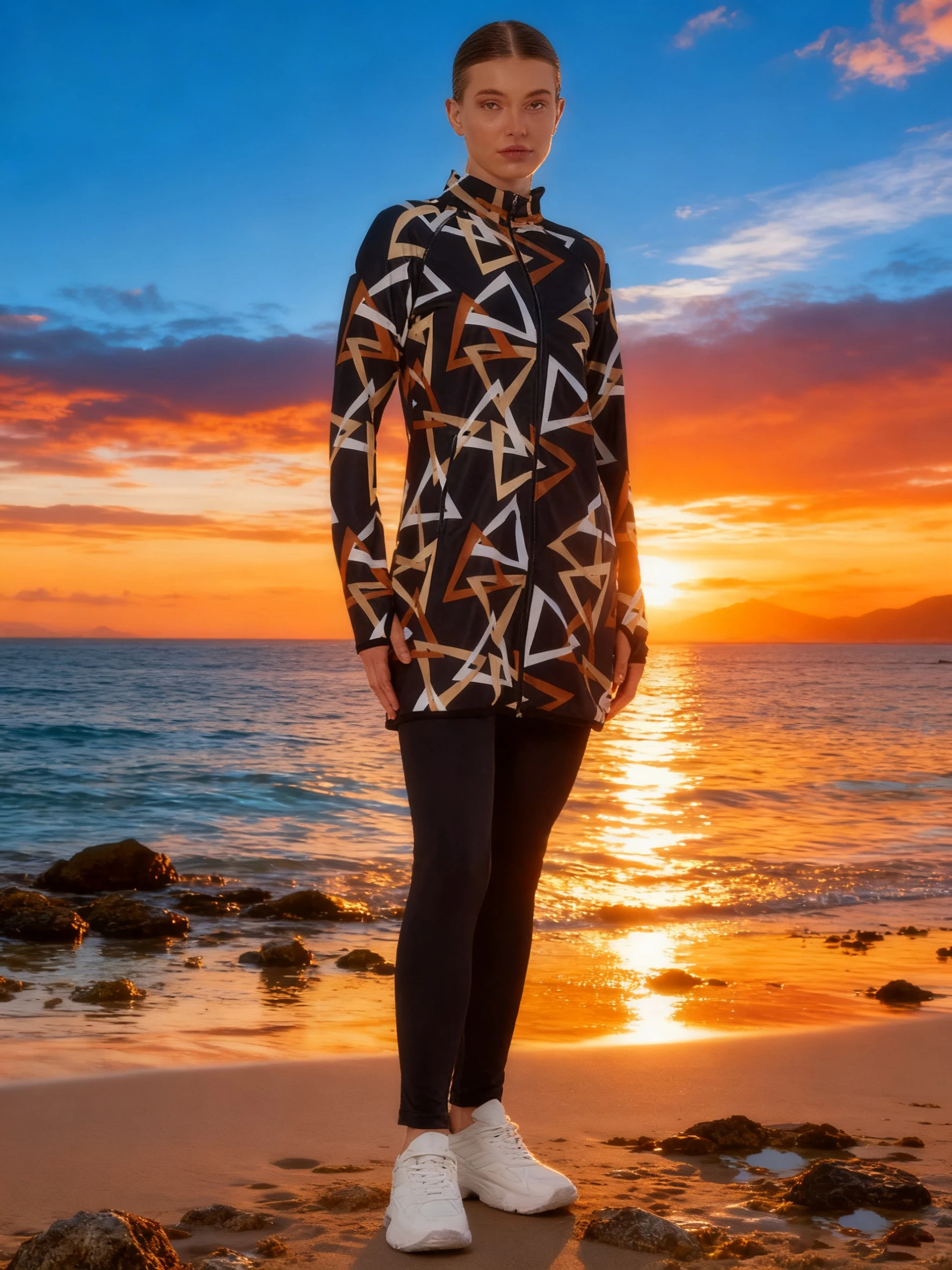 2 pièces/ensemble Burkini Femme Musulmane coupe ajustée impression vêtements de sport Protection UPF50-UV (haut + pantalon)