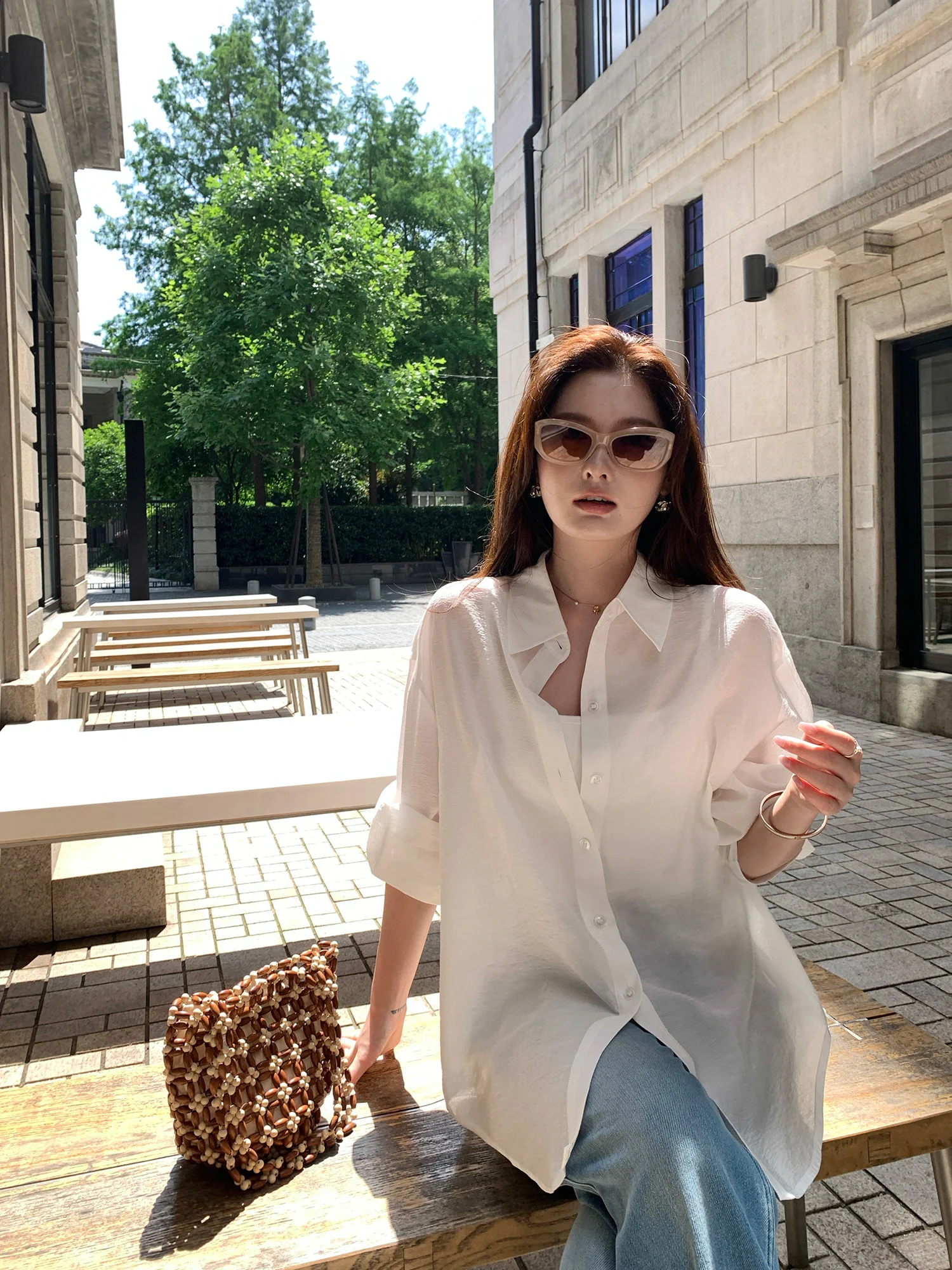 Pusumede Minimalist Loose Long Sleeve Women's Shirt Lightweight Breathable Back Slit Sun Protection Casual Fashion Summer
