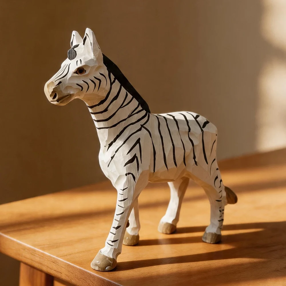 Hand Carved Wooden Zebra Figurine Realistic Wood Animal Sculpture Natural Solid Wood Statue Ornament Home Office Decor Gift