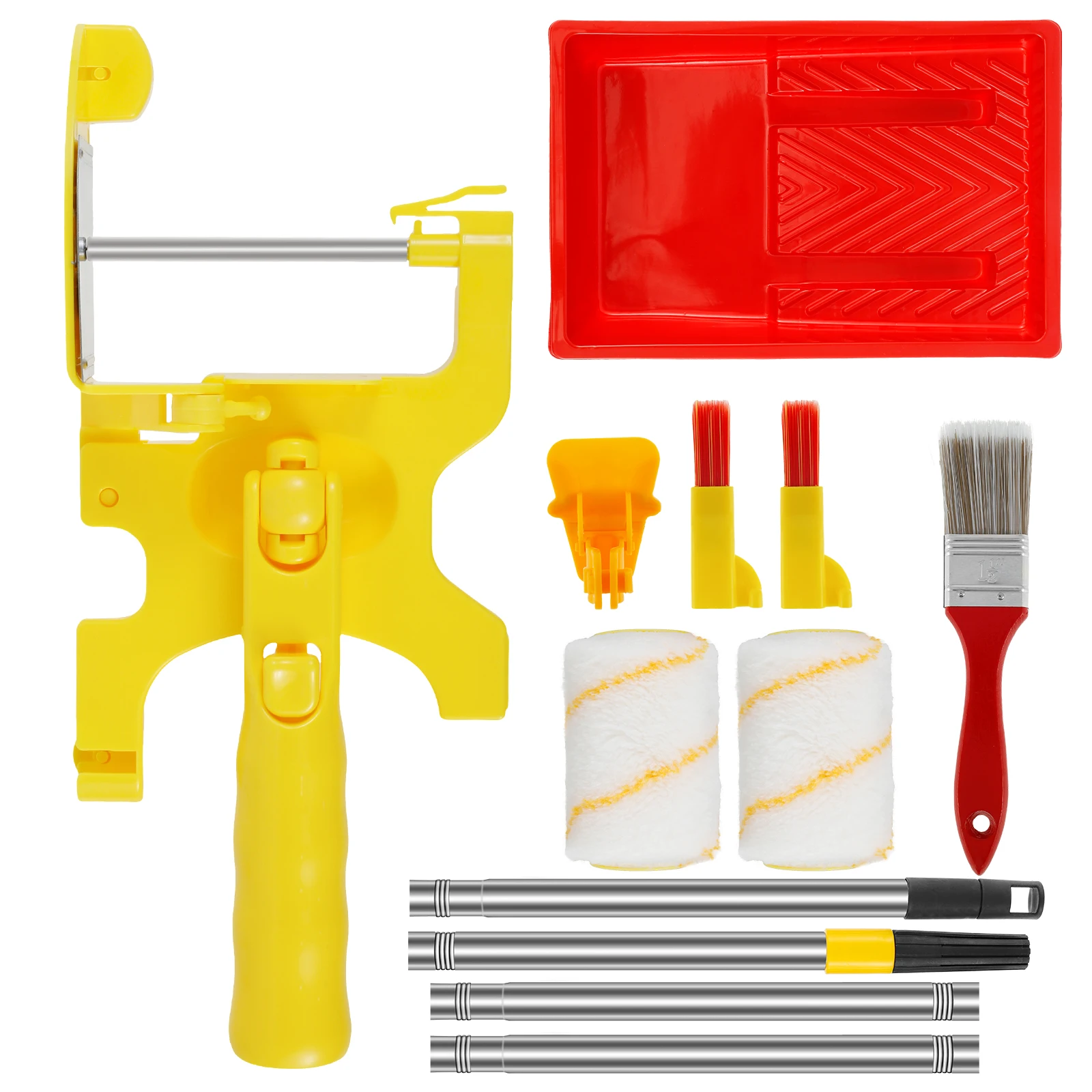 

Набор для покраски: валик-кисть для подрезки краев, пластиковый валик для стен с удлинительной ручкой и лотком, валик для разделения цветов, безопасный валик для отделки.