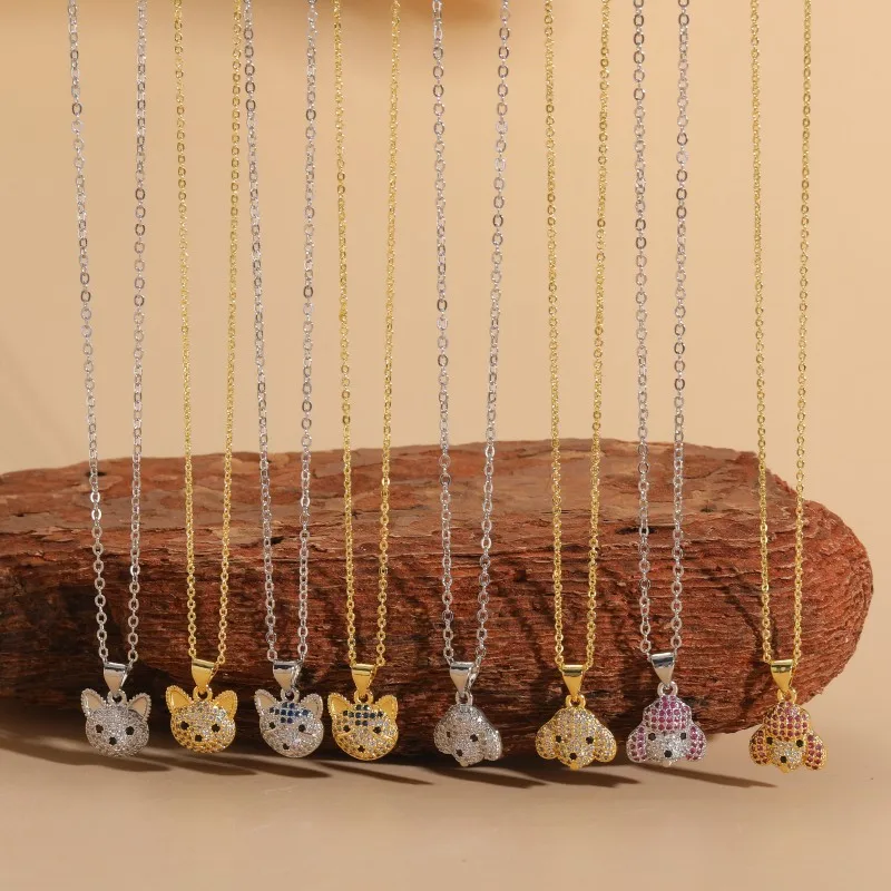 Hot-selling cute little milk dog pet zircon necklace female, independent station new product micro-inlaid copper pendant collarb