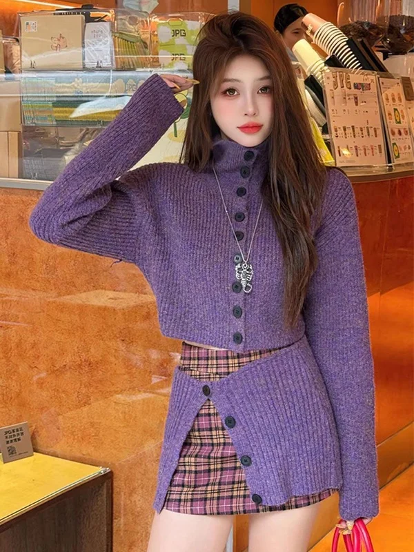 

Chic Purple Striped Sweater Waist Belt Three-Piece Set Spring Design Sensual Girl Fashionable High Waist Skirt Polyester Fiber