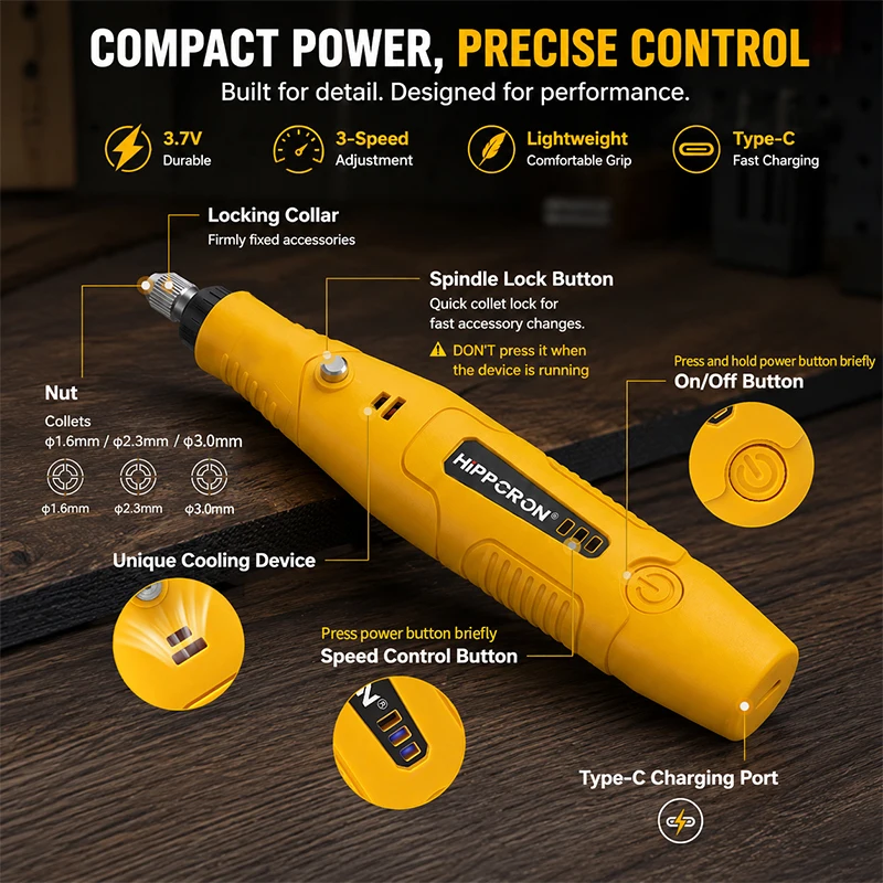 HIPPCRON 18000RPM Mini Cordless Rotary Grinder, 3.7V 3-Speed 900mAh Battery Engraving Pen for Sanding Polishing Drilling DIY view 4