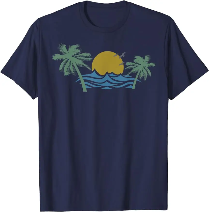 2024 New Summer Cool Breeze, Waves, Sun and Palm Graphic Sycamore Tree T-shirt