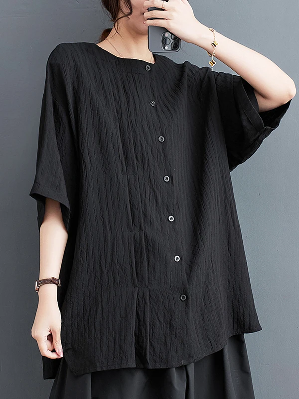 

Повседневная свободная женская рубашка из шелка и хлопка с круглым вырезом, коротким рукавом, однотонная, в стиле кэжуал, модная, струящаяся, на пяти пуговицах