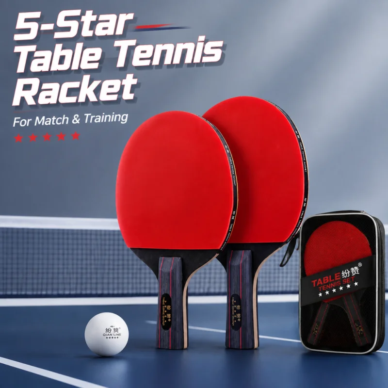 Table Tennis Kit Bag - 5つ星卓球ラケットセット 7層ポプラウッドブレード ダブルリバースラバー ピンポンパドル 初心者 学生