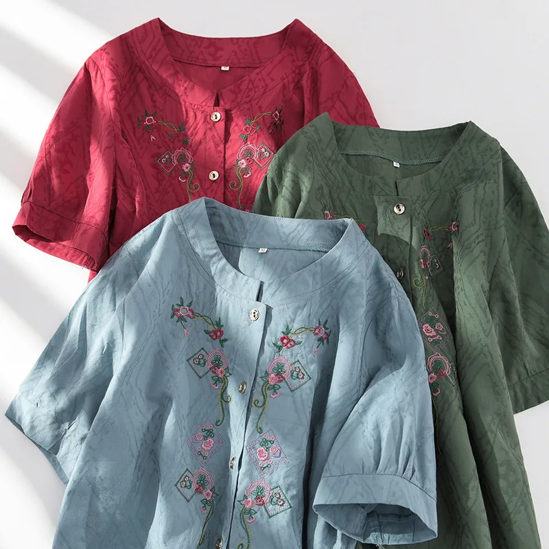 Grandma\'s Summer Short Sleeve Shirt Pant Sets Cardigan 2 Piece Sets Women Outfit Embroidery Print Cotton Linen Mother Suit