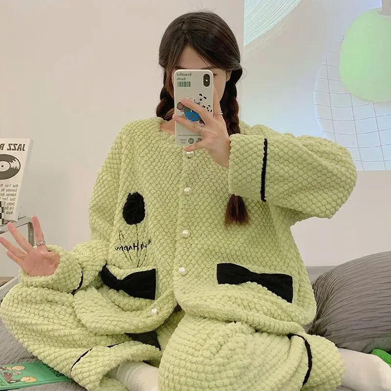 

Women's pajamas Comfortable Sleepwear Cotton Pajama Set winter autumn Wearable Bow Coral Fleece Flannel Thick Home Suit