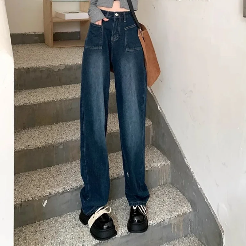 Jean en denim pleine longueur pour femme, poches, style coréen vintage, streetwear décontracté, collège, printemps, commconsulAll-match, harajuku