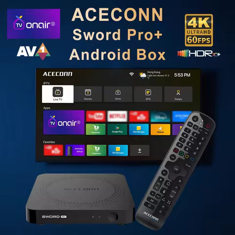 ACECONN Streaming Android IPTV Boxes 4K TVONAIR3 Dual WiFi BT Support Voice Remote Backlight Hotkey Find RCU Sword Pro+ TV Box