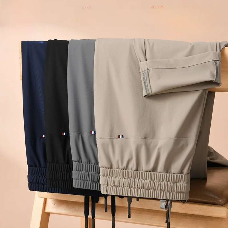 

Мужские повседневные длинные брюки из ледяного шелка с охлаждающим эффектом, высокоэластичные, свободного прямого кроя, быстросохнущие, тонкие, модные, городские, для отдыха