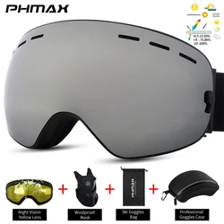 PHMAX Ski Goggles Grey Snowboard Goggles for Men Women Adults Youth, Over Glasses OTG 100% UV Protection Anti-fog Wide Vision