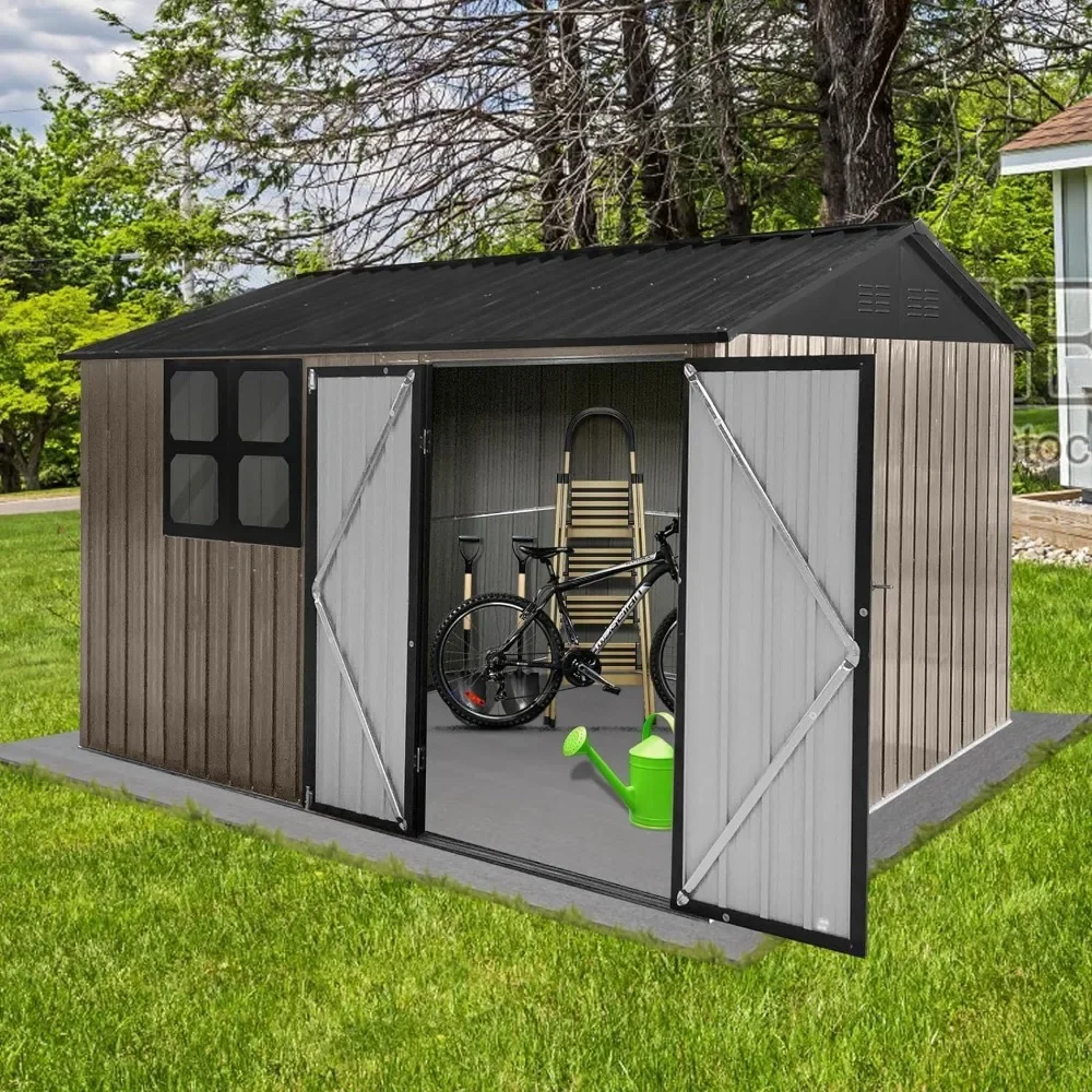 

Outdoor Sheds with Window 10FT x 8FT & Storage Clearance, Utility Tool House Metal Anti-Corrosion with Lockable Door & Shutter