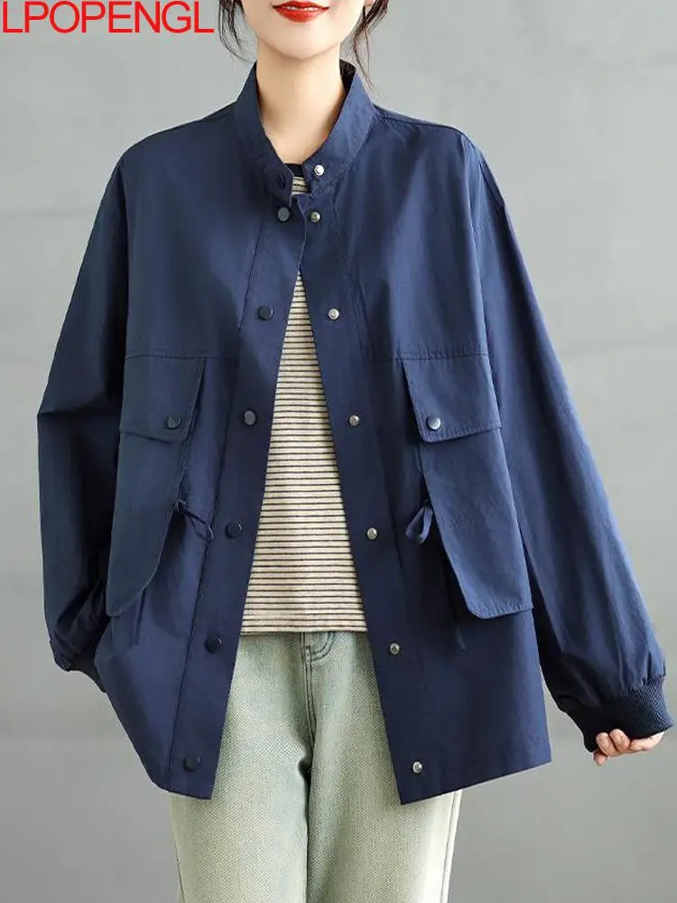 

Женская осенняя темно-синяя рабочая одежда, ветровка, новая художественная ретро повседневная свободная однобортная куртка с воротником-стойкой, топ